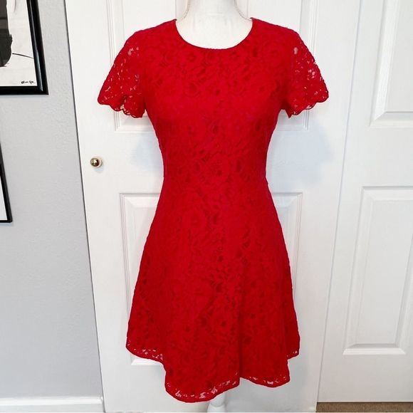 J. Crew Dresses & Skirts - J. Crew Red Lace Short Sleeve A-Line Dress Size 0